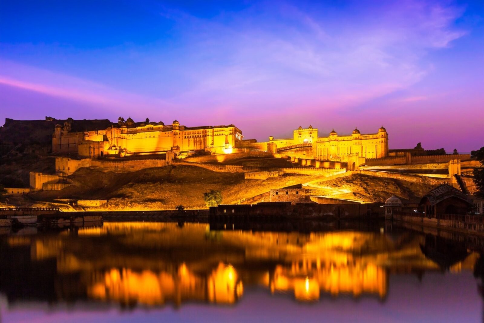 Amer Fort at night in twilight. Jaipur, Rajastan