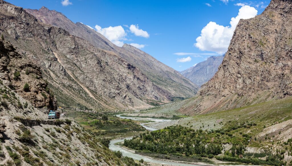 Manali-Leh road in Indian Himalayas with lorry. Himachal Pradesh, India