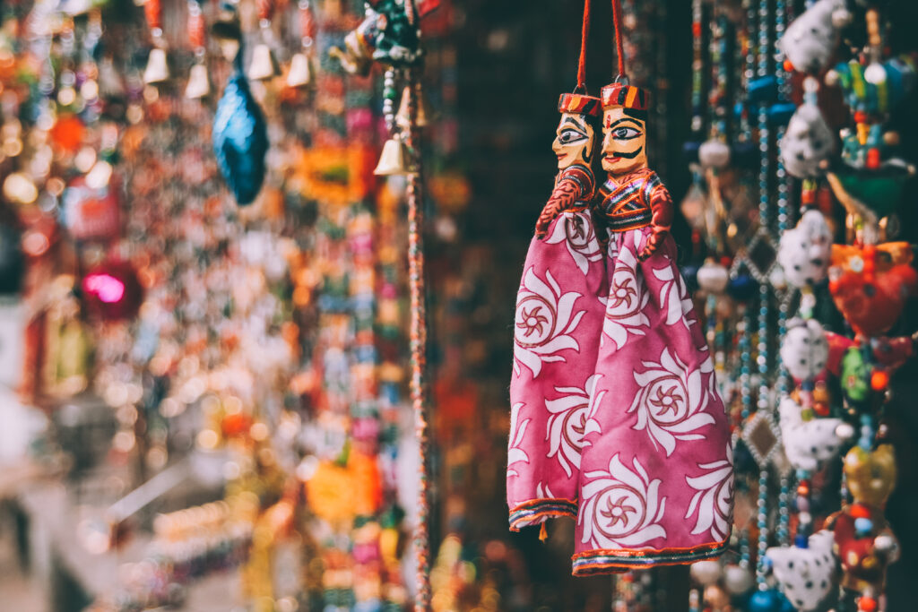 close-up view of colorful decorations hanging at Rajasthan, Pushkar