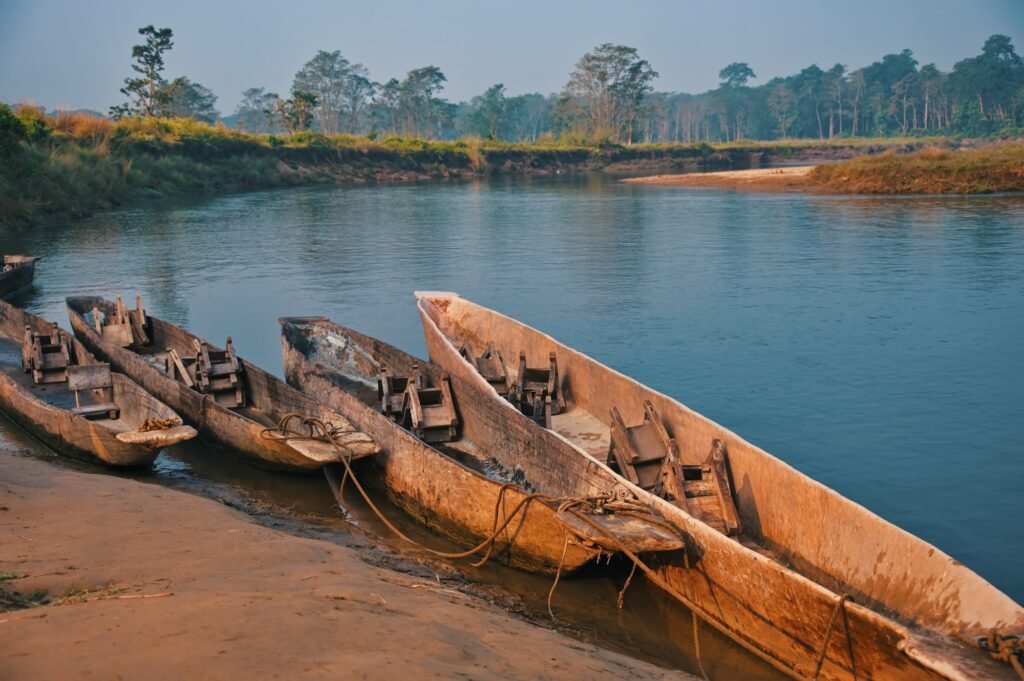 Closeup of traditional wooden boats in Chitwan National Park