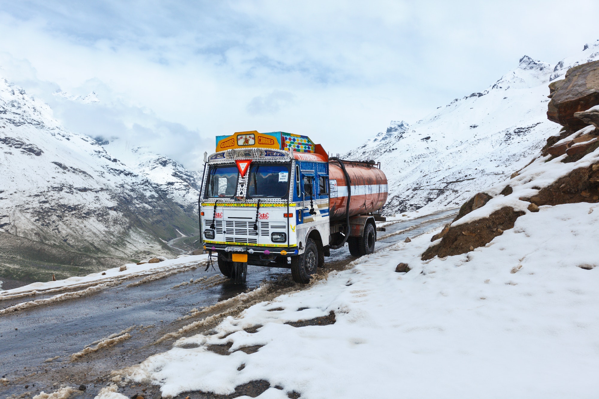 Manali-Leh road in Indian Himalayas with lorry