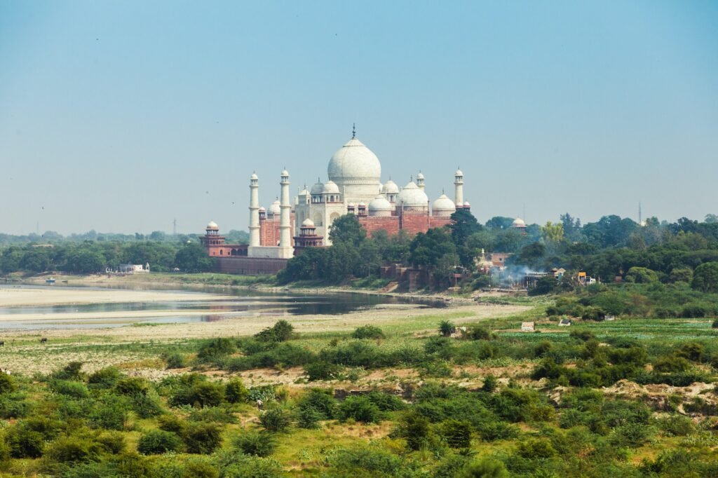 The view of Taj Mahal and Yamuna river from Agra Fort, Agra, India.
