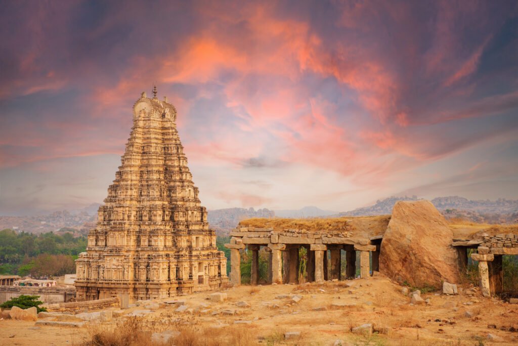 Unbelievable ancient temple ruins in Hampi at sunset, India